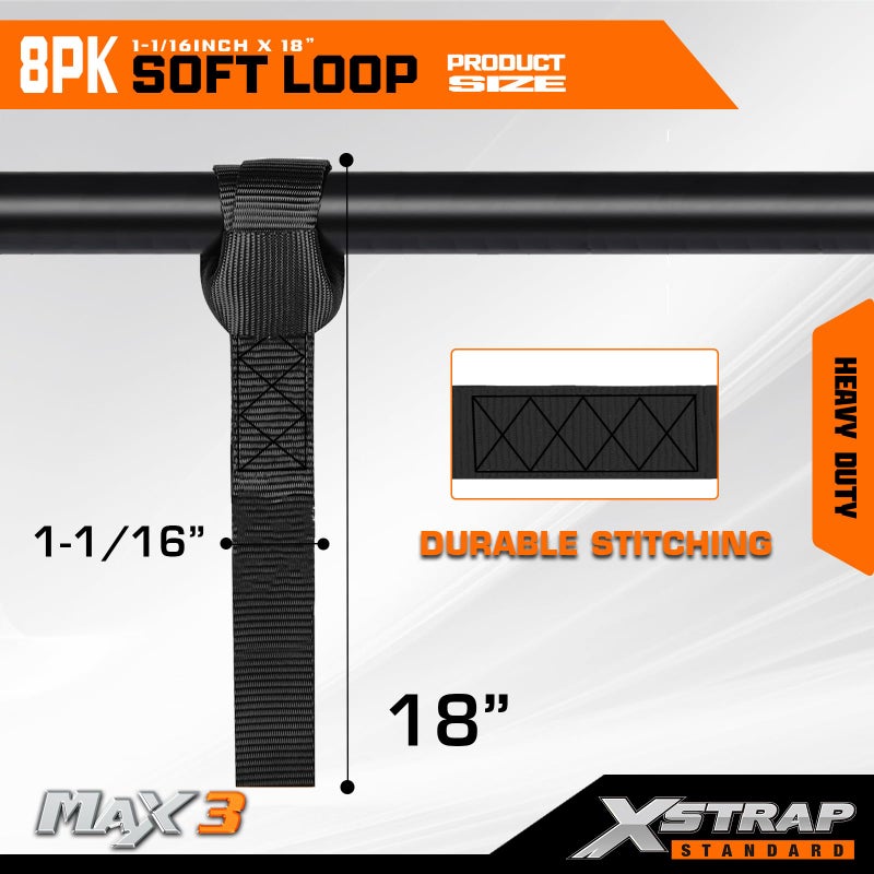 XSTRAP STANDARD Soft Loop Tie-Down Straps 8PK 1-1/16 x 18 inches - 3600LB Breaking Strength, Loops for Securing Trailering of Bikes, ATV, UTV, Motorcycles, Scooters, Dirt Bikes, Lawn Equipment, Black - Image 3
